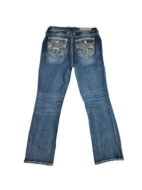 Rock Revival Ash Rose Easy Boot Cut Rhinestone Distressed Jeans Womens 32 Blue